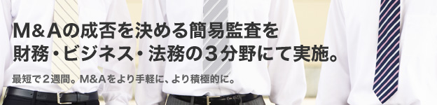 M&A�̐��ۂ����߂�ȈՊč��������E�r�W�l�X�E�@���̂R����ɂĎ��{�B�ŒZ�łQ�T�ԁBM&A������y�ɁA���ϋɓI�ɁB